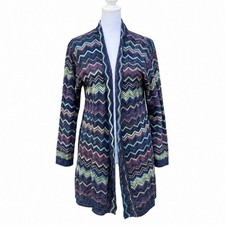 Chico’s Size 2 L Long Cardigan Sweater Metallic Chevron Open Front Boho picture