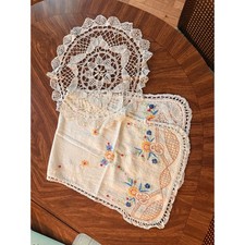 Vintage Embroidered Floral Table Runner Scarf and Crochet Lace Doily Set Cream picture