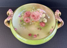 Victoria Austria Two Handled Porcelain Bowl Green with Pink Roses Karslbad c1904 picture