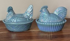ROSSO Glass -Westmoreland Mould GEORGIA BLUE CARNIVAL Rooster & Hen on Nest Pair picture