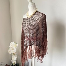 Vintage Vibe Brown Crochet Fringe Poncho / Shawl One Size picture