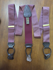 Trafalgar Men's Adjustable Red Silk, Brown Embossed Leather Button Suspenders picture