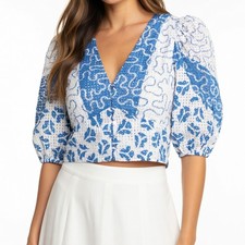 NWT Rebecca Taylor Perla Top in Snow Combo V-neck Button Down Crop Shirt 4 picture