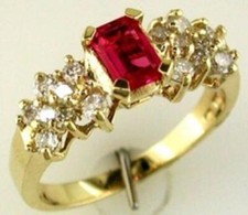 ESTATE 1.25CT DIAMOND & AAA RUBY 14KT YELLOW GOLD 3D SQUARE FRIENDSHIP LOVE RING picture