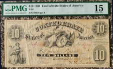 1861 $10 Confederate States of America Note - T-10 - PMG F15 picture