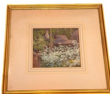 Antique Watercolor Cottage Garden Wildflowers Signed Original Gilt Frame 15x14 picture