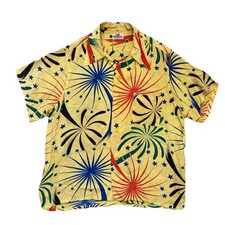 Vintage Campus Rayon Shirt Atomic Yellow Fireworks 40s 50s Loop Short Sl G2U picture