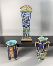 3 Antique Majolica Vases – Minton Copeland Gustafsberg Cobalt Blue Victorian picture