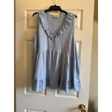 Gigio Plus Womens Blue Linen Blend Ruffle V-Neck Tiered Babydoll Tunic Top 1XL picture