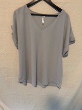 Zenana Outfitters Blouse Womens XL Gray Blue V-Neck Cuffed Short Sleeve Top Work picture