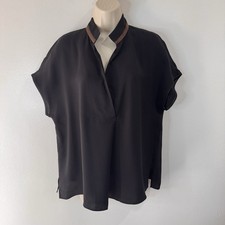 Lafayette 148 New York Shirt Blouse M 100% Silk Chiffon Black Bronze Trim V-neck picture