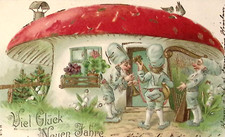 c1910 GERMANY New Year Postcard Toadstool House Elf Band Plays Harp Horn Guitar picture