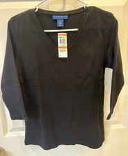 Karen Scott Womens PS Black Cotton Knit Solid V-Neck 3/4 Sleeve Top picture