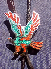 Vintage Native American Sterling Silver Eagle Bolo Tie Turquoise Coral Chp Inlay picture