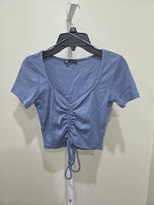 Zara Women's Blue Short Sleeve Ruched Crop Top Size M picture