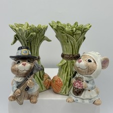 Fitz & Floyd Vtg. 1993 Thanksgiving Mayflower Pilgrim Pair Mouse Candle Holders picture