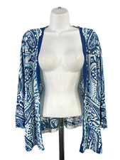 Chico's Women's Blue/White Paisley 3/4 Sleeve Open Cardigan Sweater - 2/US L picture