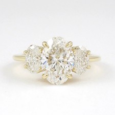 Moissanite Three Stone Engagement Ring 3.15 Carat Oval Cut Solid 14K Yellow Gold picture