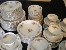 MINT 82 Pc Johann Haviland MOSS ROSE 9 Settings Germany Plate Bowl Cup Gold Trim picture