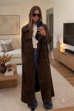 Women Genuine Leather Suede Trench Long Coat Brown Jacket S M L XL 2XL picture