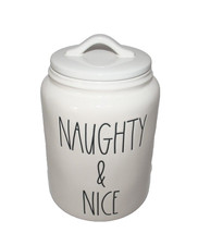 Rae Dunn Christmas Naughty & Nice Cookie Jar White W/Black Lettering 9