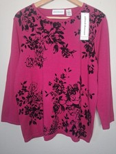 NWT Alfred Dunner Pullover Sweatshirt Fuchsia Black Velvet Flowers Beaded Sz M picture