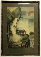 GERMAN EXPRESSIONIST Painting ~ WORKERS ON THE SEINE ~ 1926 Signed LISTED ARTIST picture