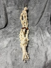 VINTAGE HANDMADE WHITE MACRAME PLANT HANGER NATURAL WHITE CORD W/ BROWN BEADS picture