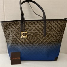 Gherardini Tote Italy Double Handle Logo Leather & Coated Canvas Brown/Blue picture