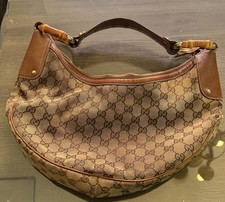 Vintage Worn Gucci GG Canvas Bamboo Ring Hobo Bag Brown Leather Made in Italy picture