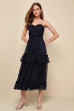 Delightful Bliss Navy Mesh Swiss Dot Strapless Midi Dress picture