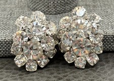 Vintage Eisenberg Ice Rhinestone Cluster Clip-On Earrings Floral Silver Tone picture