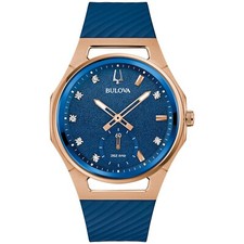 Bulova Women's Curv HPQ CURV 3 Hand Small Second Hand Blue Watch 41 MM 97P174 picture