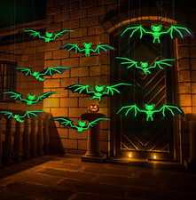 12Pcs Large Glowing Hanging Bats, Halloween Bat Decorations, Spooky Party Wall & picture