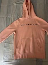 Tommy Hilfiger Pink Unisex S Cotton Blend Fleece Logo Pullover Hoodie Pockets picture