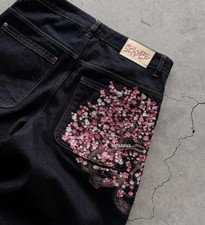 Derschutze Patchwork Cherry Blossom Embroidery Denim Pants Vintage Baggy jeans picture