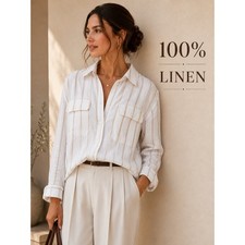 Vineyard Vines 100% Linen Striped Button Front Shirt | White & Tan | Size 16 picture