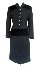 Vintage 40s 50s Lilli Ann Skirt Suit Gray Wool Velvet Trim Hourglass Tailoring S picture