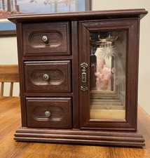 Vintage Wooden Jewelry Box Etched Flower 3 Drawers Necklace & Ring Holders picture