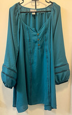 Catherines Womens 4X Teal Solid Scoop Neck 3/4 Balloon Sleeve Tunic Blouse picture