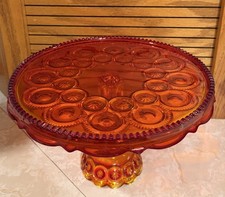 VTG L.E. Smith Moon & Stars Red Amberina Glass Cake Stand Scallop/Skirted Glows picture