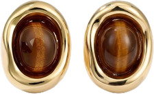 Gold Plated Tiger Eye Stud Earrings for Women, Vintage Brown Oval Gemstone Earri picture
