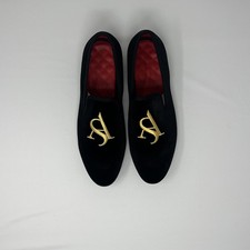 Rare One-of-a Kind Custom Black Velvet Gold Monogram slippers loafers picture