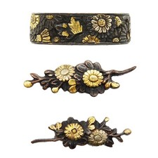 Fuchi and Menuki Chrysanthemum Japanese Antique Sword Fittings Shakudo Samurai picture
