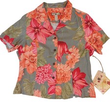 Caribbean Joe Women's Silk Rayon Floral Tropical Button Down Shirt Top Size L picture