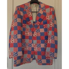 RARE Vintage 70s Union Made Patriotic Patchwork Bandana Sport Coat 44R Tropical picture