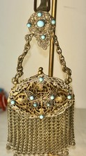 Antique 800 Silver Vermeil Chatelaine Mesh Purse Turquoise Butterfly w Mirror picture