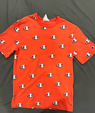Champion Heritage Men's Orange Allover Logo Crew Neck Cotton Knit T-Shirt S picture