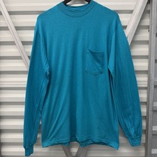 Vintage Stedman High Cru Blank Aqua Teal Long Sleeve Pocket T-shirt Men’s L 80s picture