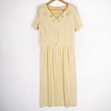 Vtg J.B.S. Ltd Dress 14 Butter Yellow Floral Embroidered Midi USA Modest Church picture